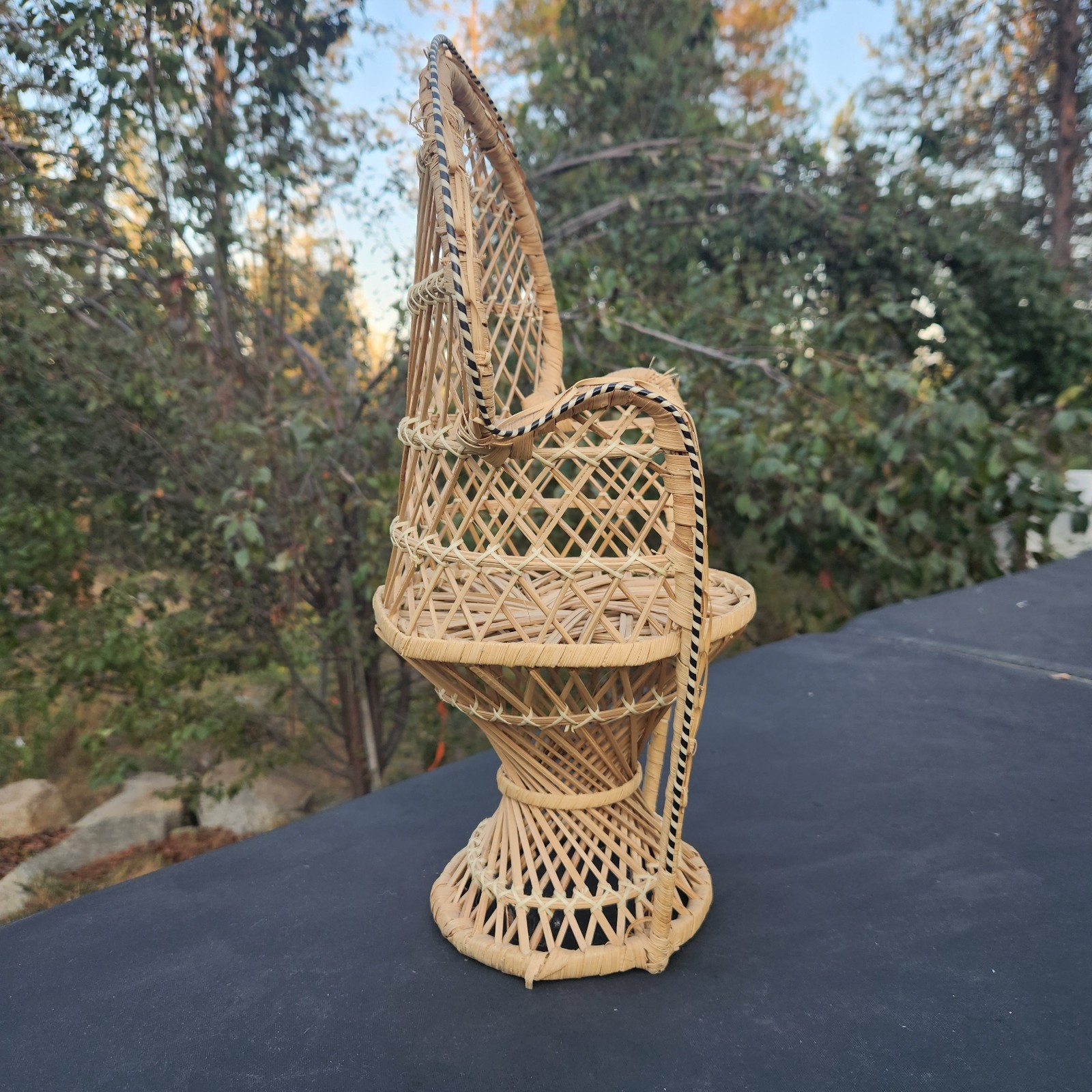 Vtg Peacock Fan Back Rattan Chair 16” Plant Stand Wicker Boho