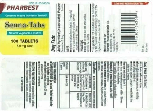 Pharbest Senna Natural Vegetable Laxative Constipation Tablets 8.6mg 1000 Count