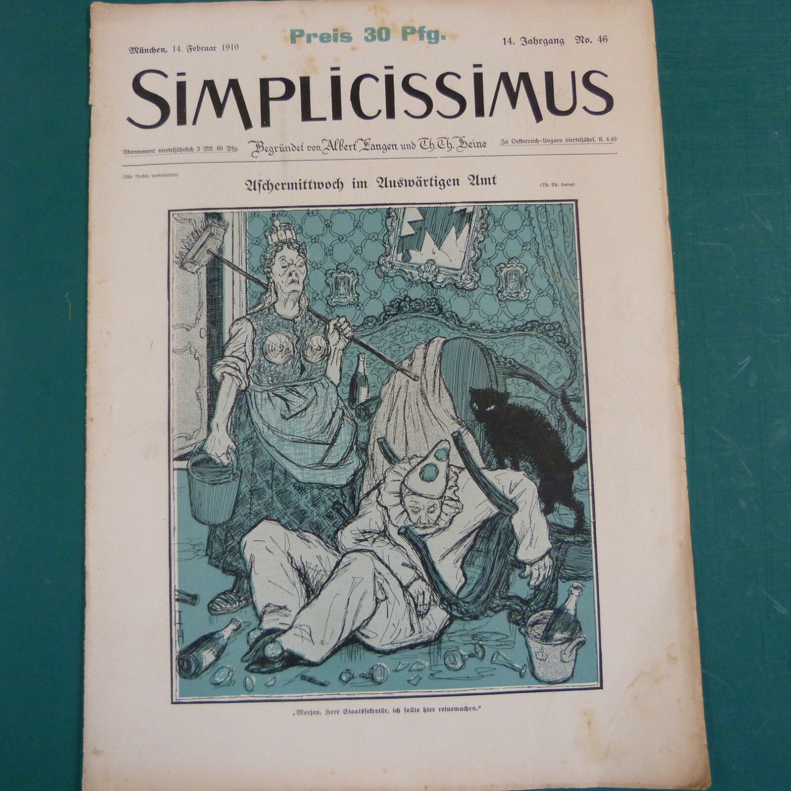 SIMPLICISSIMUS Cartoon 1910 ASCHERMITTWOCH IM AUSWAERTIGEN AMT / STAATSSEKRETAER