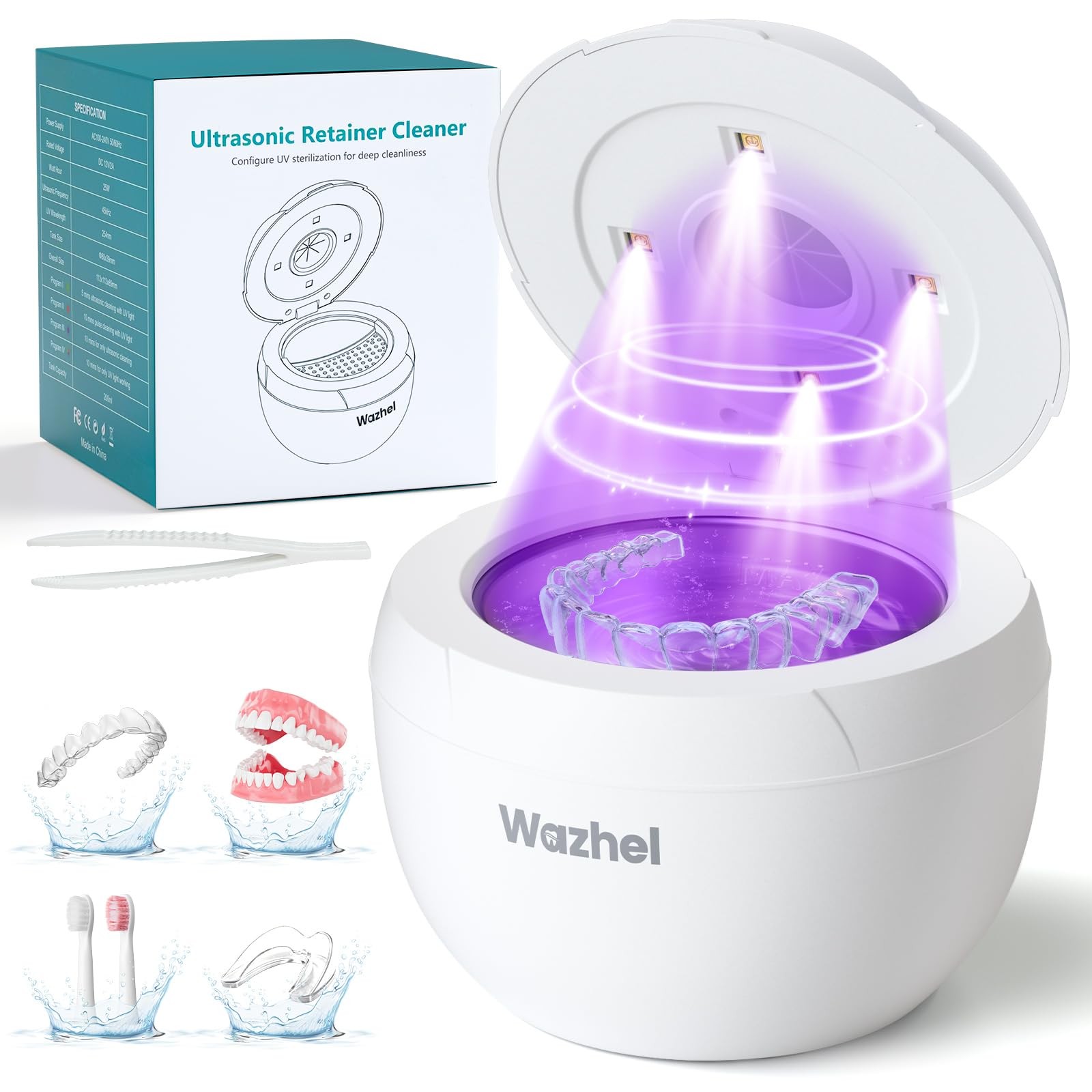Wazhel Ultrasonic Retainer Cleaner Machine, 45kHz Dental Cleaning Pod for Den...