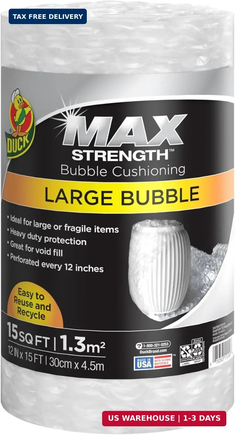 Duck Max Strength Bubble Cushioning Wrap for Moving & Shipping, 15 FT, Large Bub