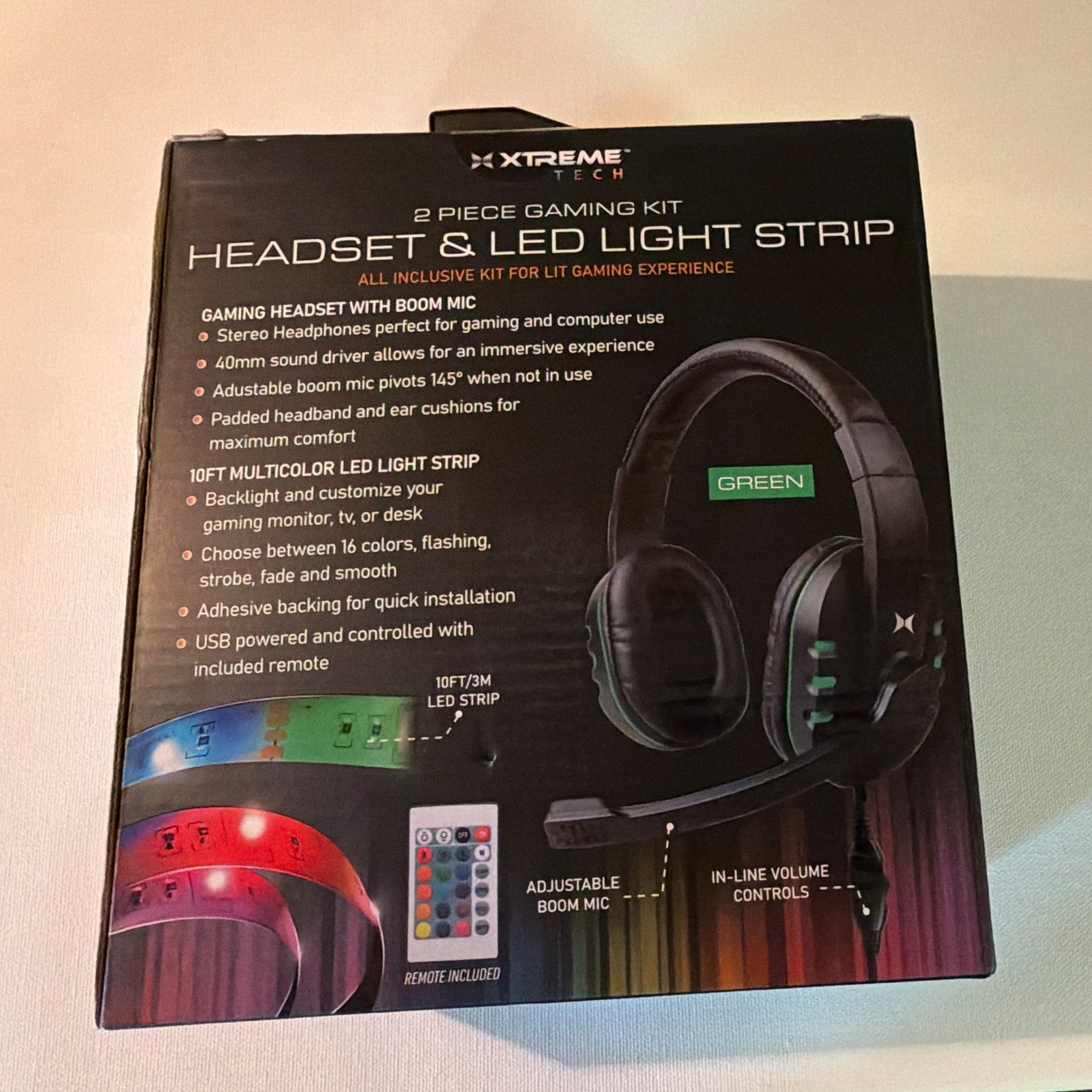 Xtreme Tech Gaming Kit Headset + 10ft LED Strip, Mic, Volume, USB/3.5mm New