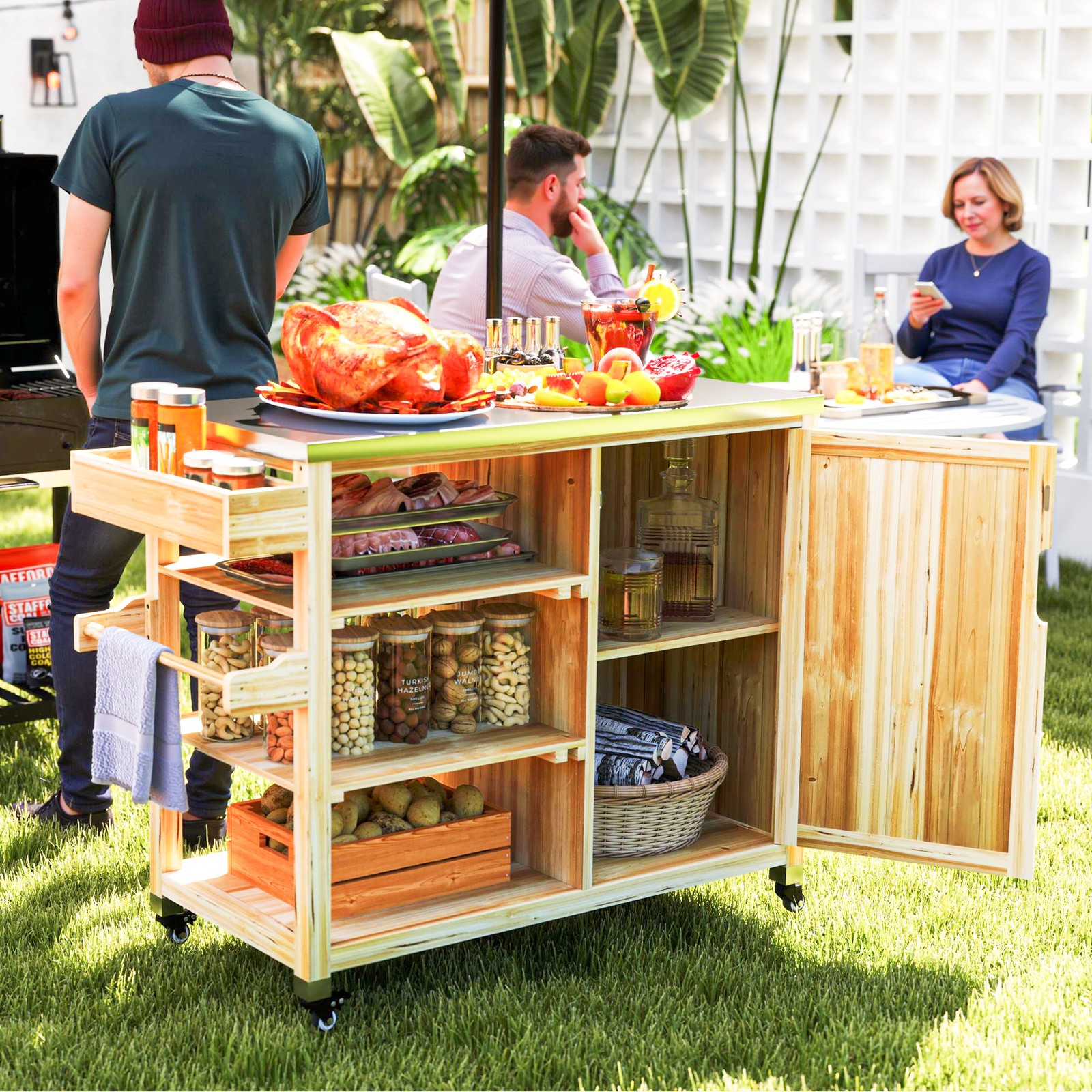 Outsunny Grill Cart, Stainless Steel Top Kitchen Island, Natural Wood