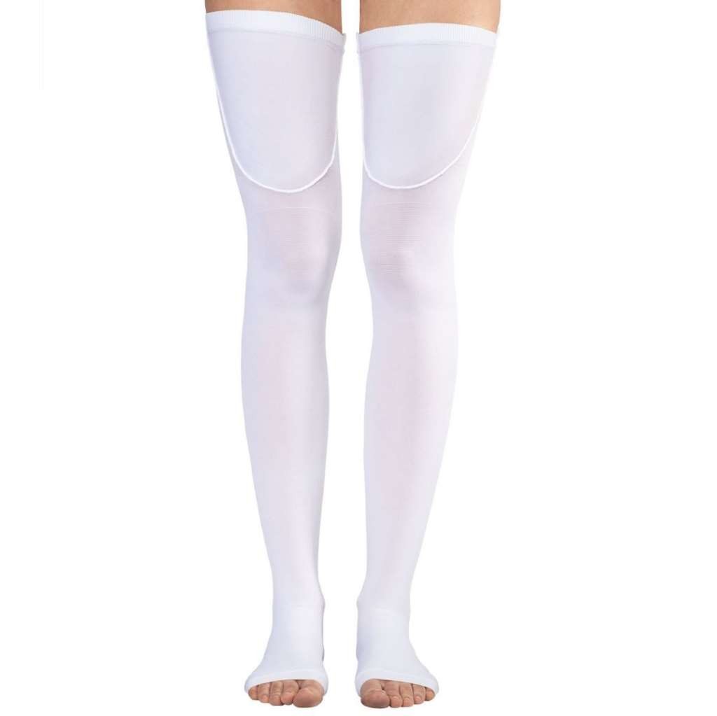 Dr. Comfort Thigh-High, Open Toe, Silicone Band, 18mmHg (Size: S) White
