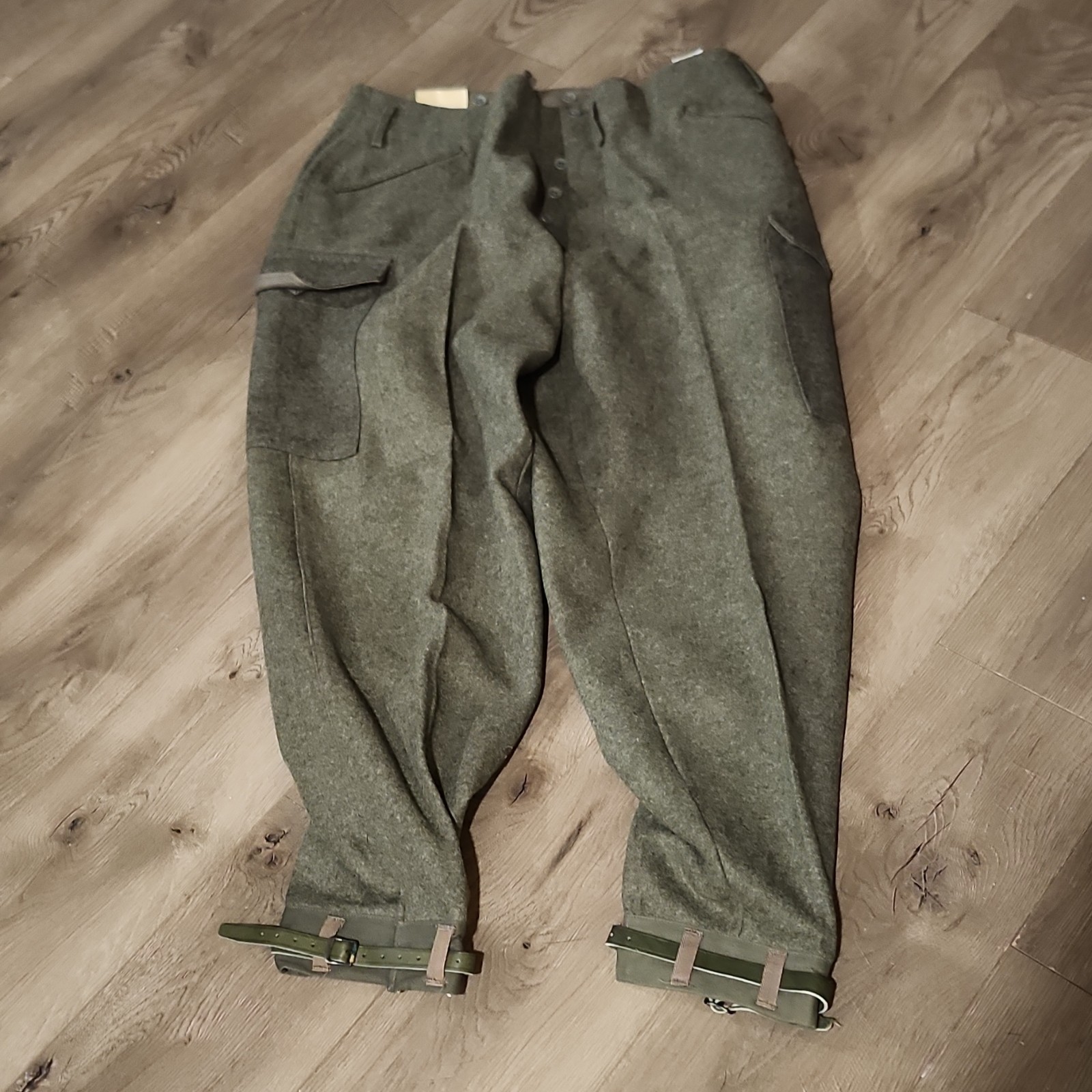 Swedish Military Surplus Wool Field Pants Olive Button Fly Leg Straps 116