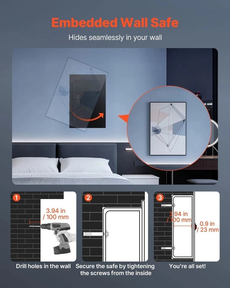Wall Safe, 3-Tier Hidden Wall Safe with Fingerprint, Password, Key & Turning