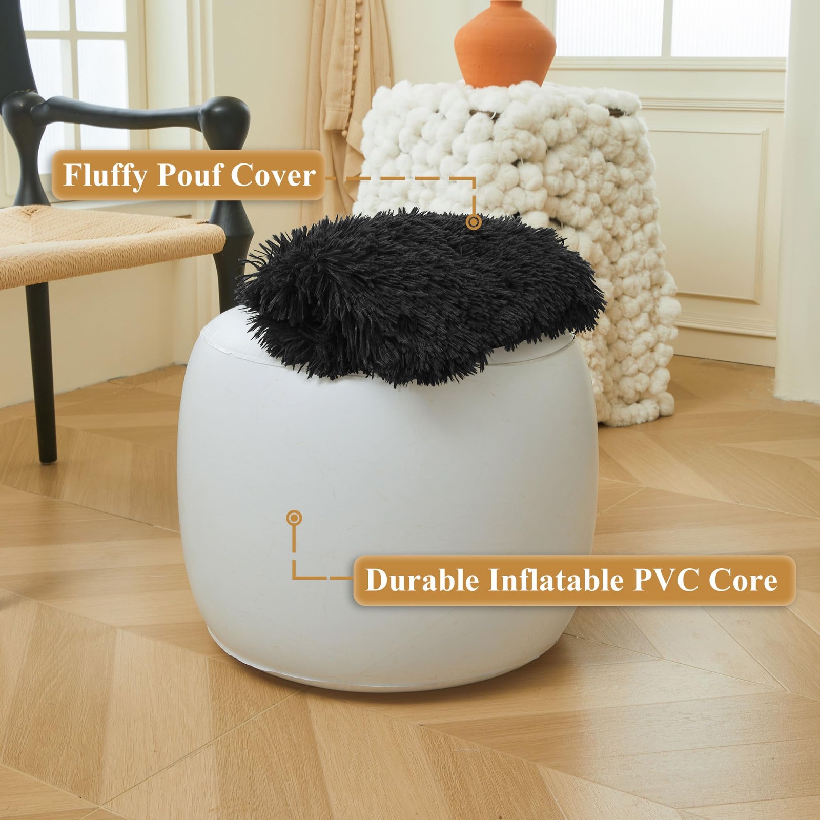 Fluffy Faux Fur Inflatable Pouf Ottoman, Comfy Portable Shaggy Fuzzy Foot Sto...