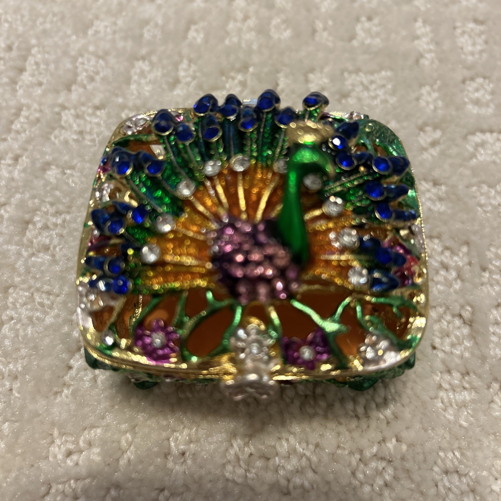 Bejeweled PEACOCK Metal Trinket Box w/ Sparkling, Colorful Crystals