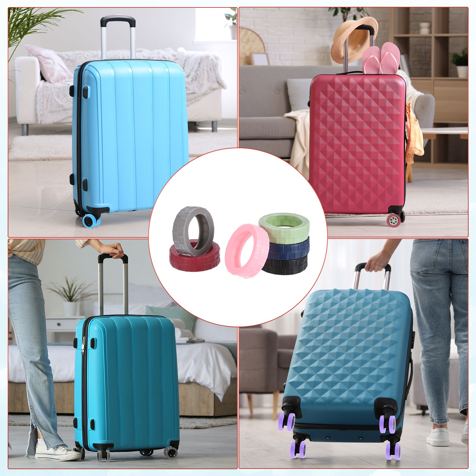 2IN Luggage Wheel Protector Covers [8PCS] - Plaid Pattern - [Burgundy]