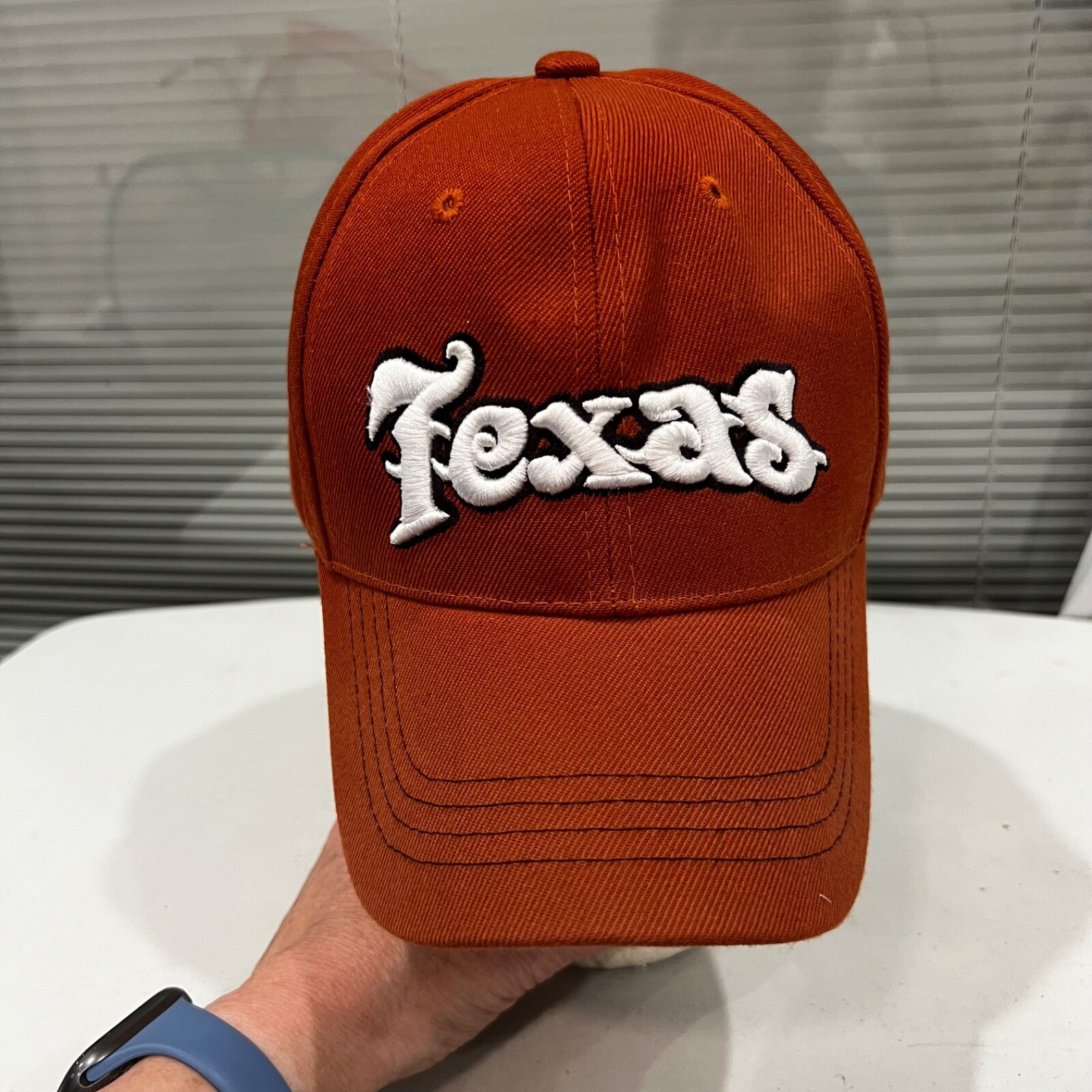 Texas in White on Orange Hat Cap Hook Loop Texas Headwear EUC