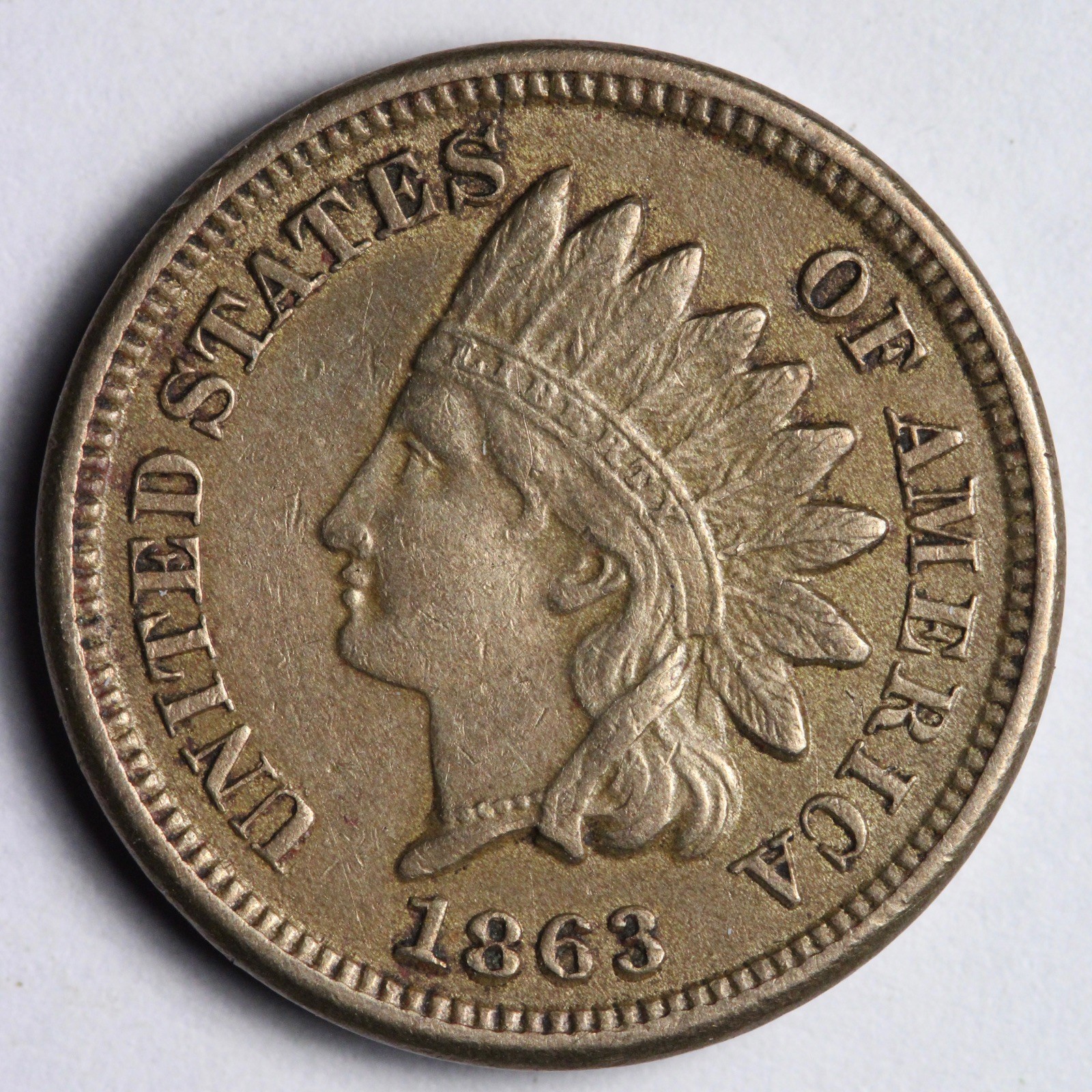 1863 Indian Head Cent Penny AU++ E138 WRDEF