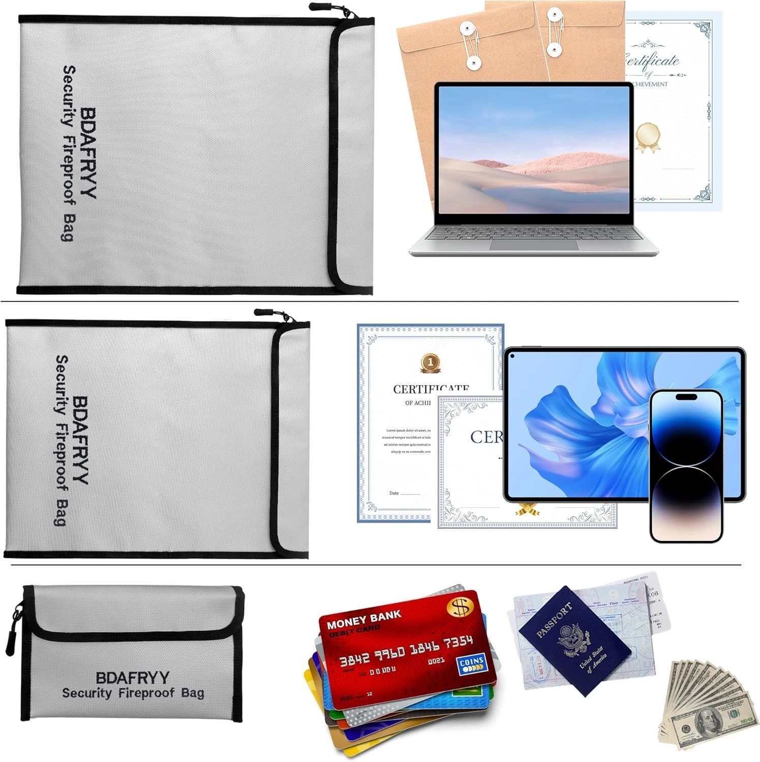 3 Pcs Fireproof Waterproof Money Important Document Bag(2000?),Fire Proof Bag fo