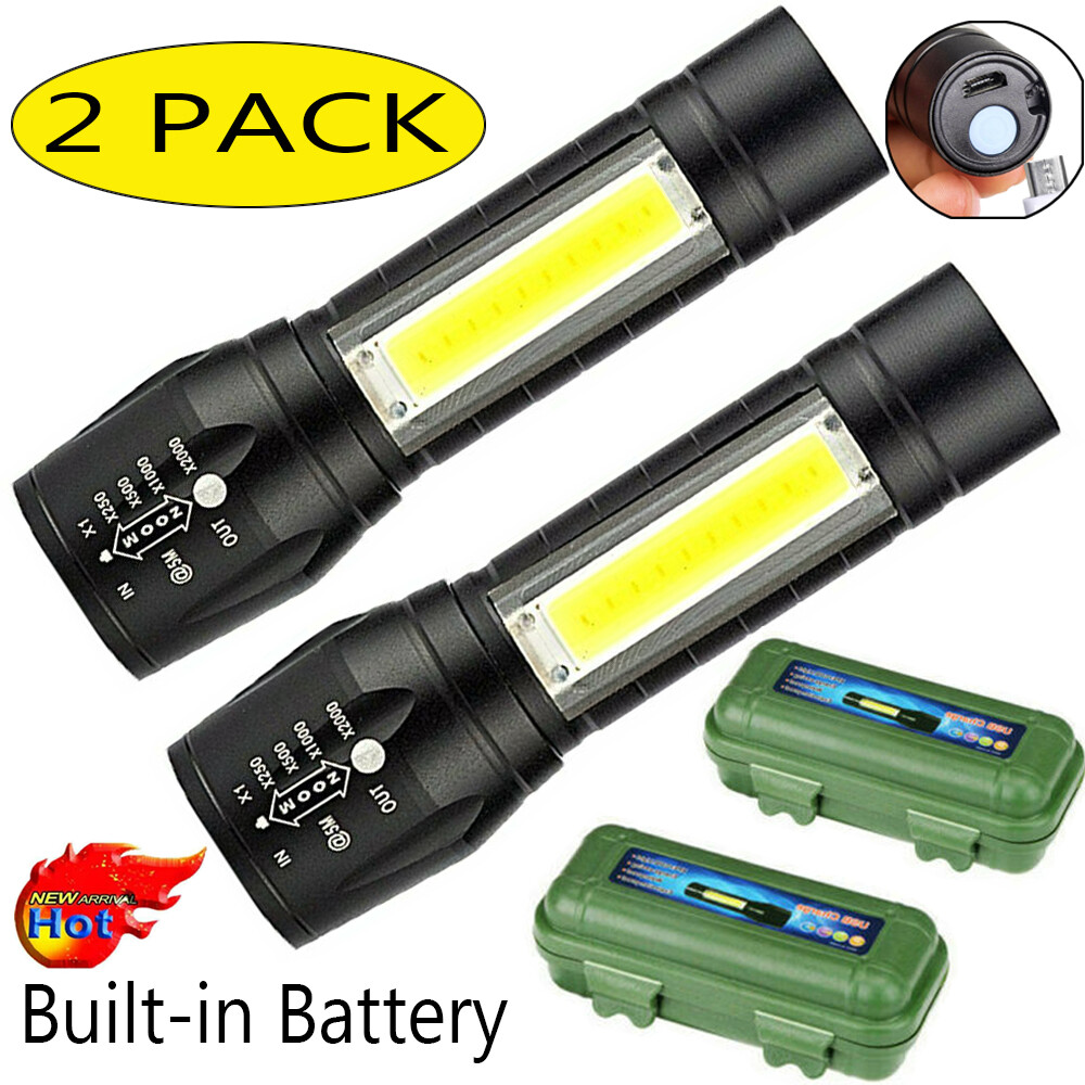 2 Pack 1200000LM COB Torch USB Rechargeable Flashlight Zoom 3 Modes Mini Lamp
