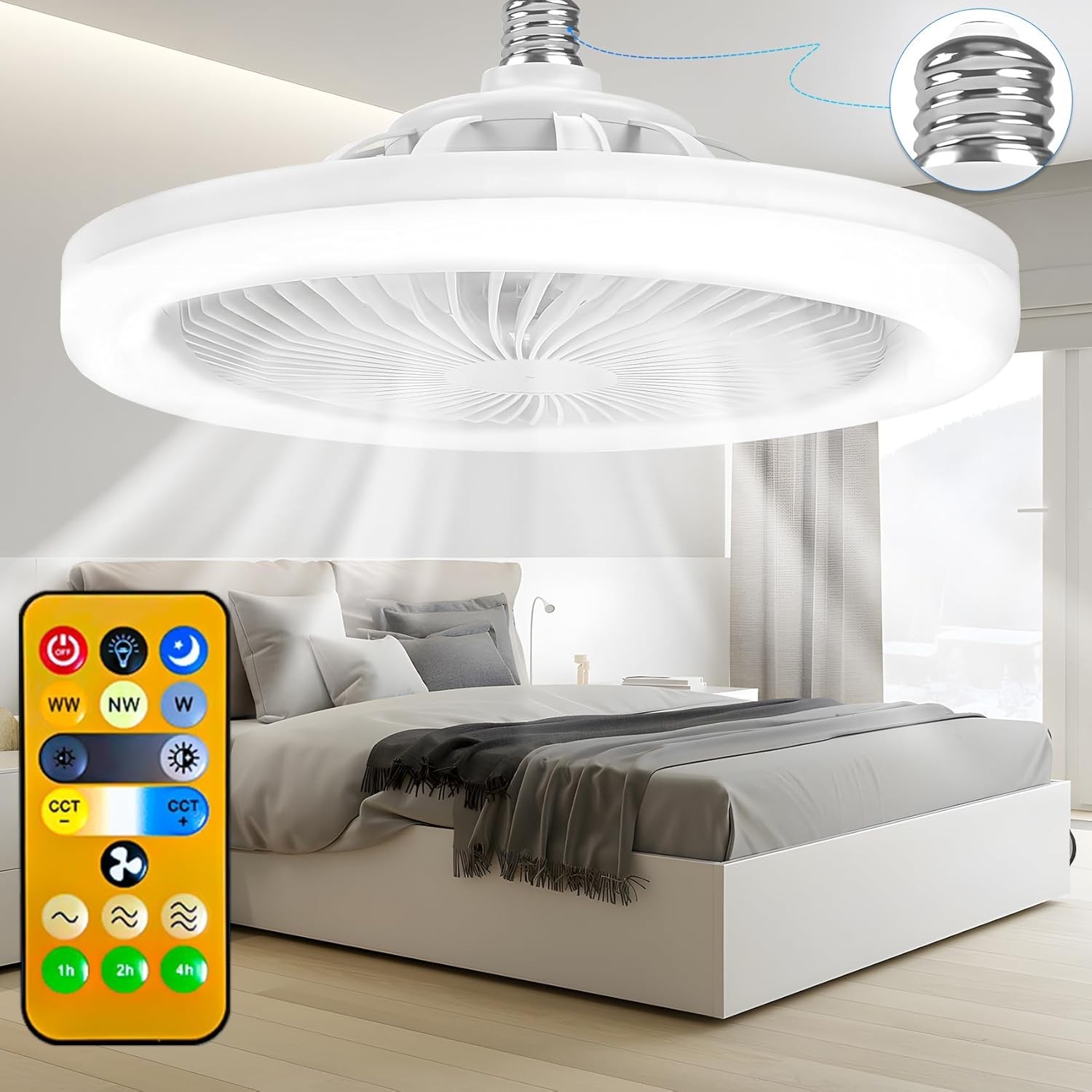 10" Ventilador De Techo Enchufe E26 E27 Con Luz y Remoto Moderno Para Cuarto