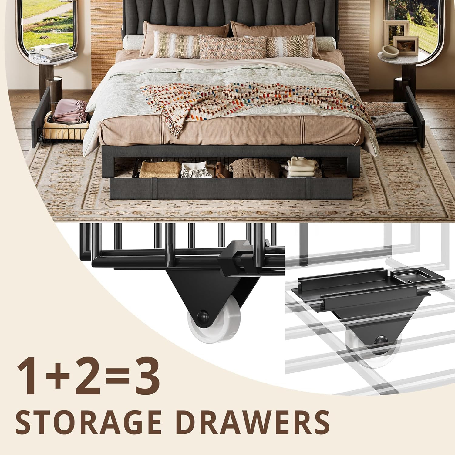 Twin Bed Frame with 3 Drawers, Upholstered Platform Bed with Storage Headboard a