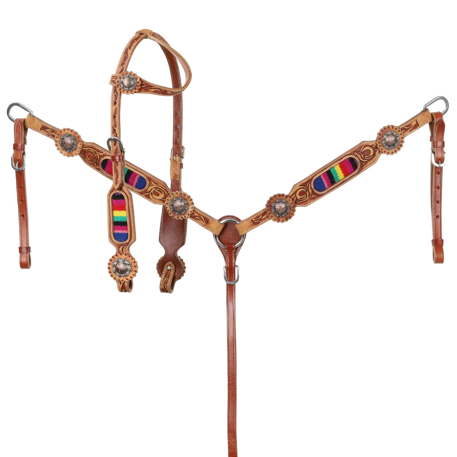 Showman Leather Headstall & Breast Collar Set-Vibrant Serape Wool Blanket Inlay