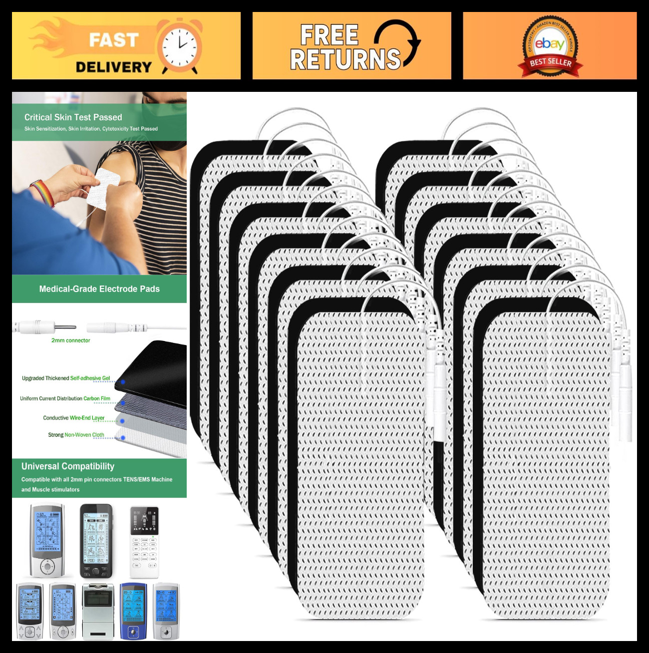 Reusable 2x4" TENS Unit Electrode Pads - 24 Large Self-Stick Rectangular Electro