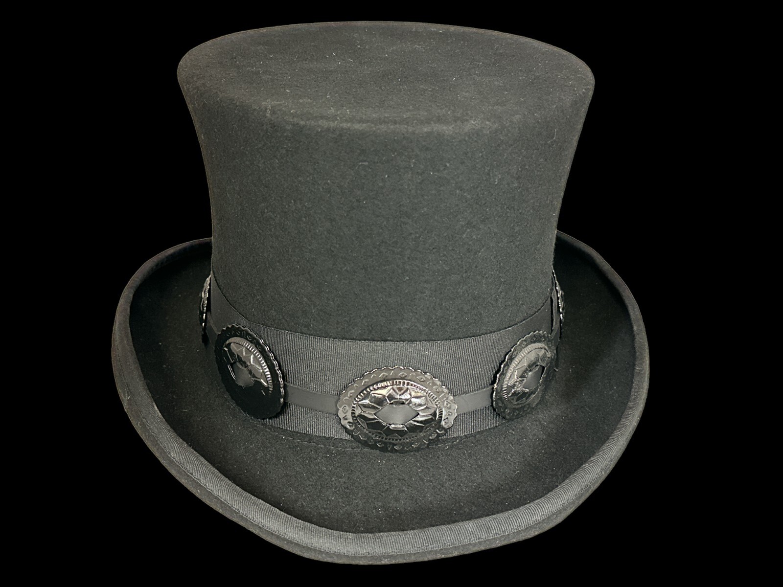 Black 100% Wool Felt Top Hat Black Concho Band Victorian  Slash Mad Hatter