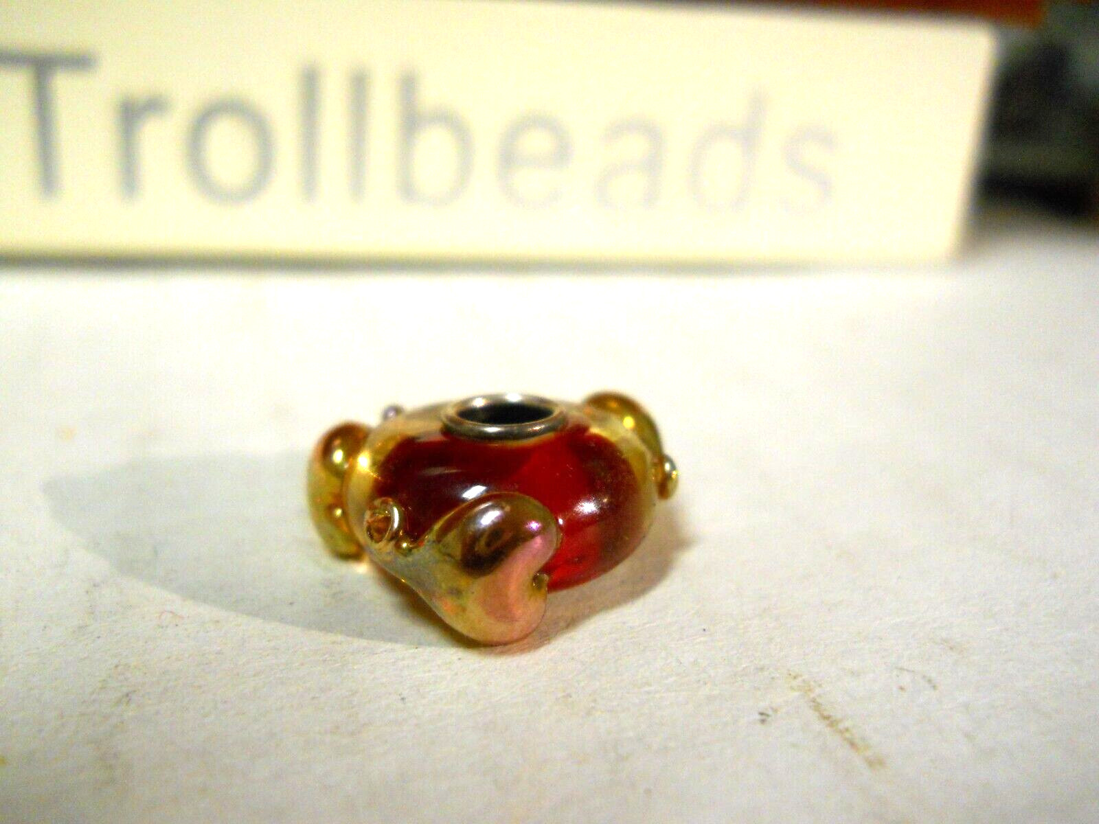 Elfbeads 925 Sterling Silver Core Glass RUBY RED GOLD HEARTS BEAD Trollbeads