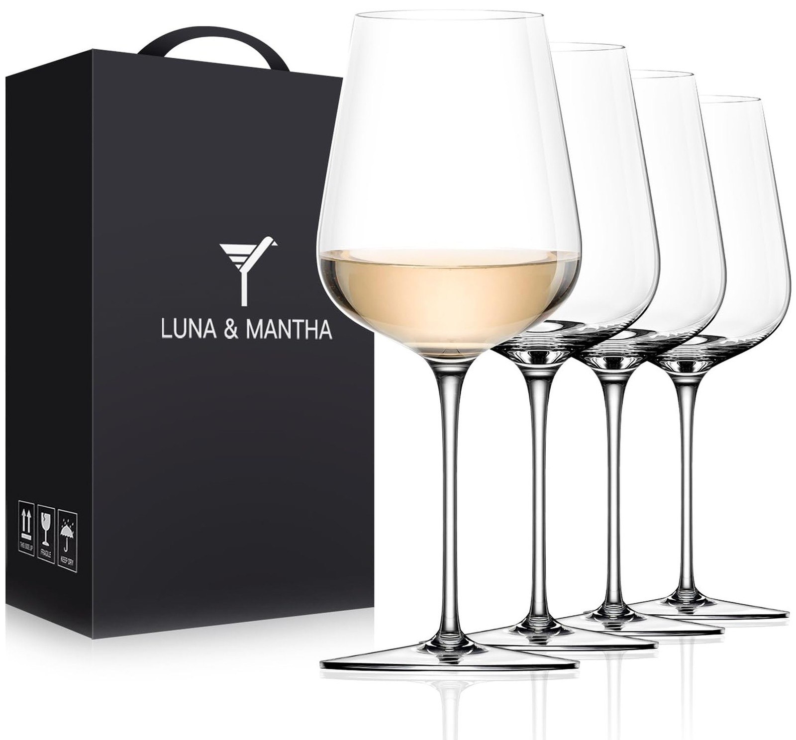 LUNA & MANTHA White Wine Glasses Set of 4, Crystal Wine Glasses with Stem, Ha...
