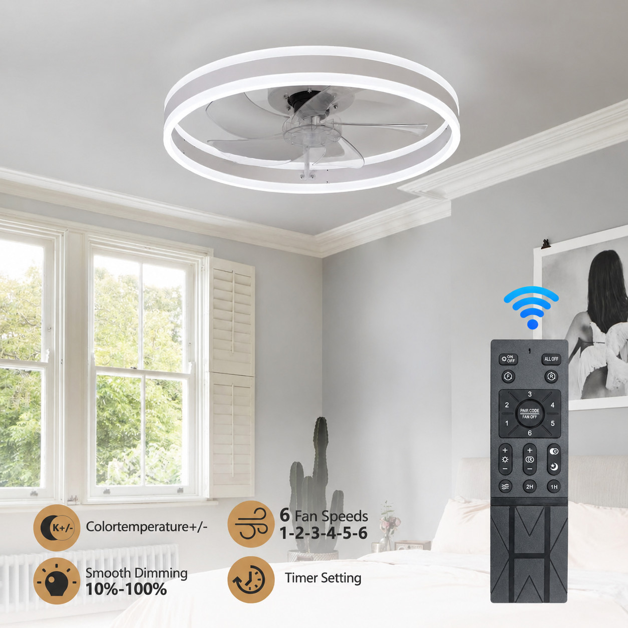 20" Flush Mount Ceiling Fan with Light and Remote, Dimmable LED, White