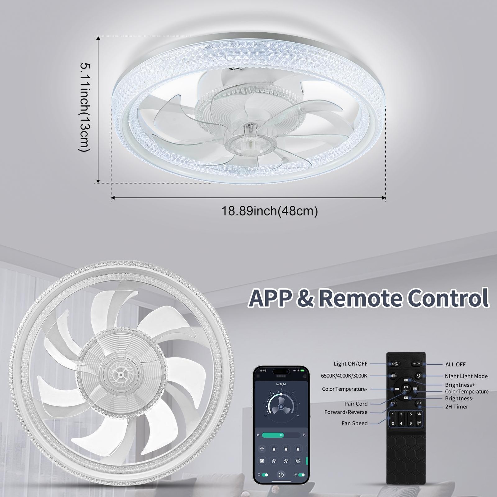 19 inch White Remote APP Control LED Ceiling Fan with Light Flush Mount Modern