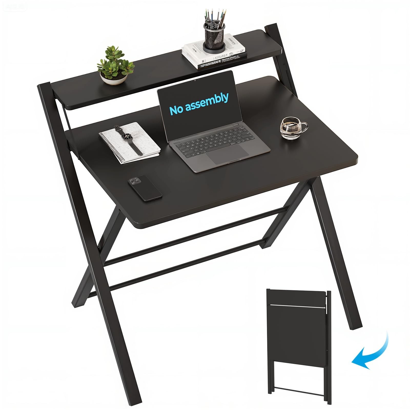 No Assembly Folding Desk, 2-Tier Compact Computer Desk with Shelf, Space Savi...