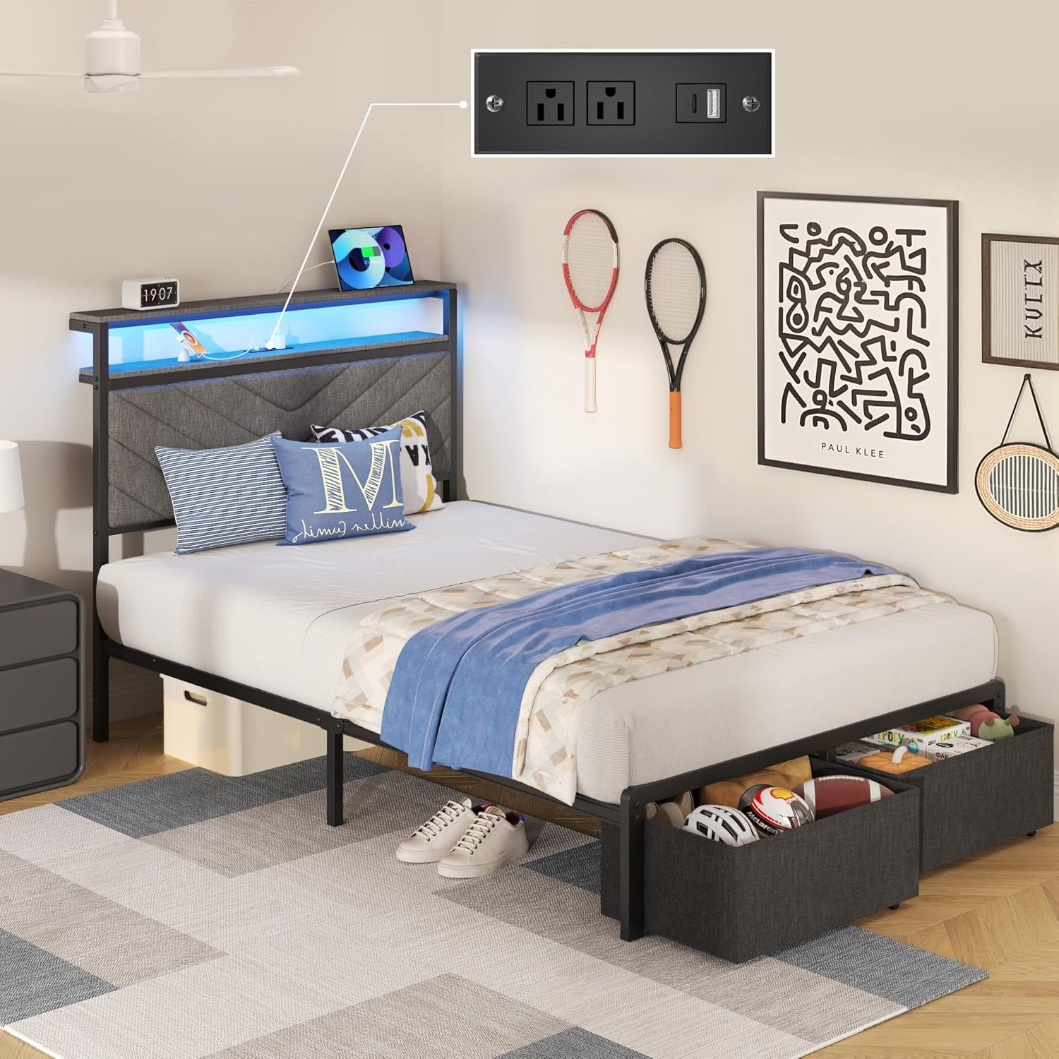 Twin Bed Frame with Charging Station, LED Lights & 2 Storage Drawers, Grey Platf