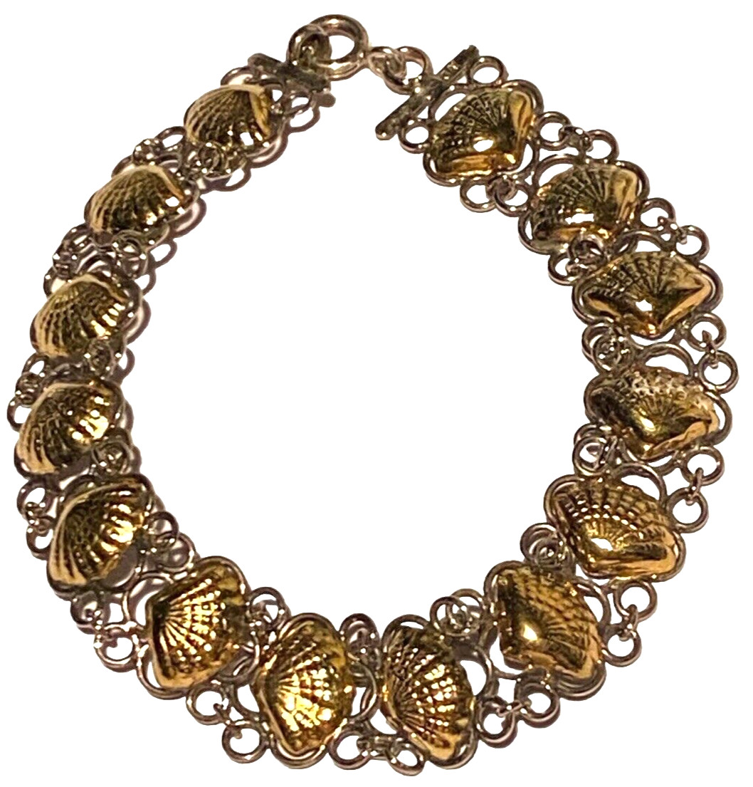SIGNED N D VINTAGE STERLING SILVER GOLD WASH SHELL FIGURE LINK CLASP BRACELET