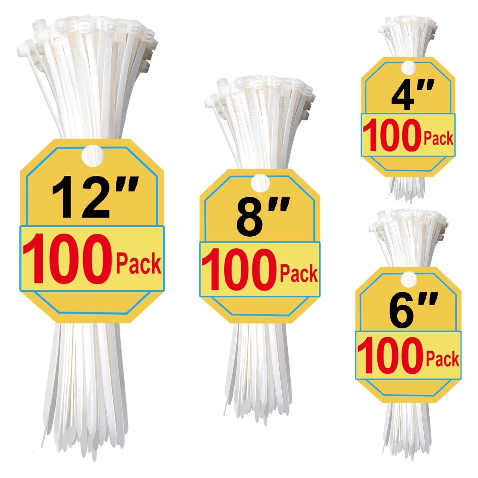 White Zip Ties Assorted Sizes 4+6+8+12 Inch, 400 Pack, Clear Zip Ties, White ...