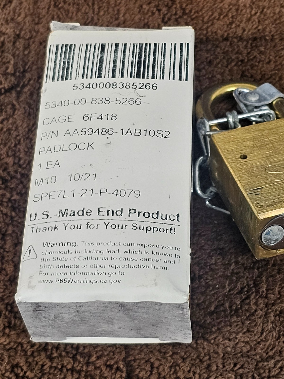 Pacific Lock Padlock PacLock AA59486-1AB10S2 Laminated Brass Military Surplus