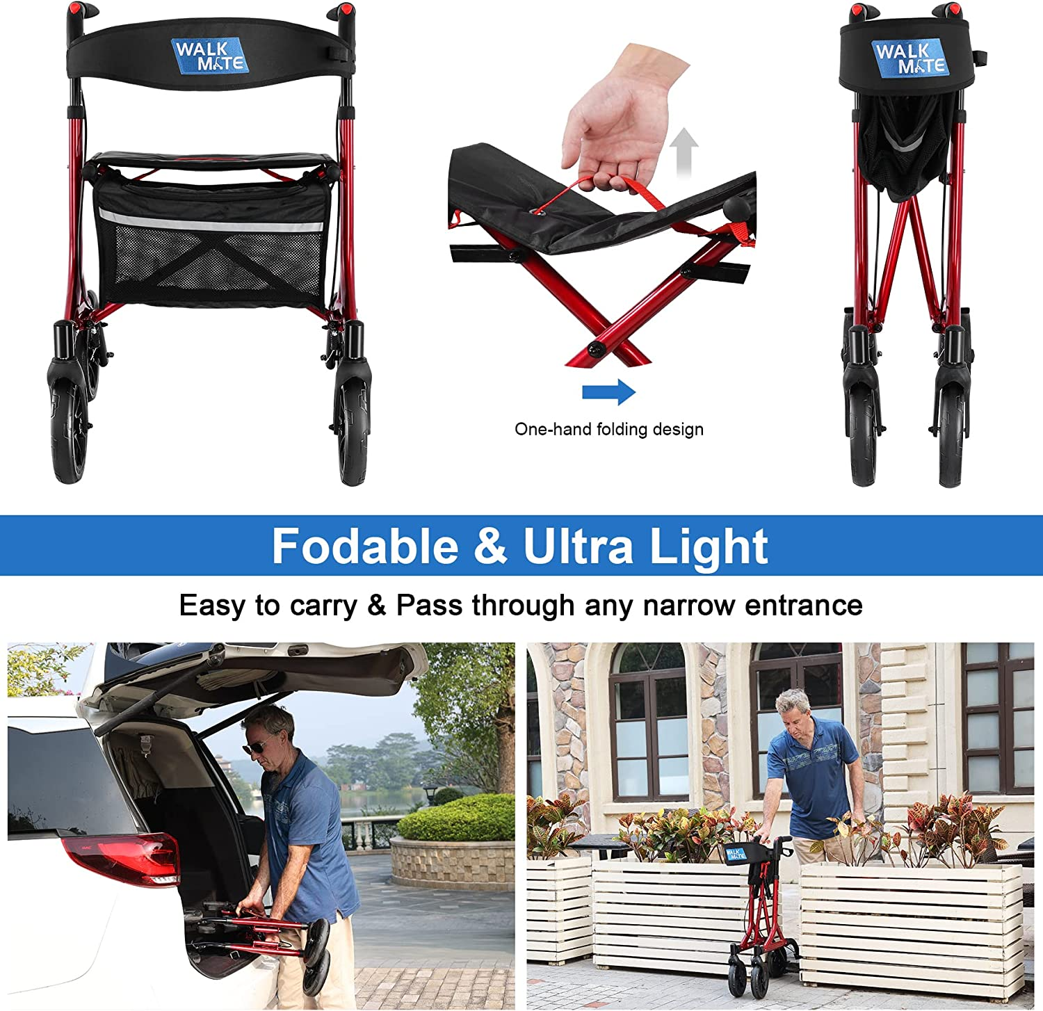 Senior Walker Lightweight Rollator Walker With Seat Back Support & Storage Bag