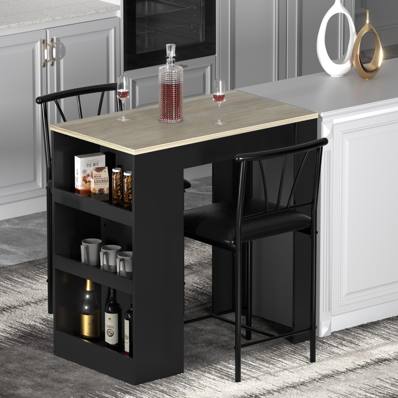 Bar Table Set 2 Chairs Dining Table Counter Height Stool with Storage Shelves