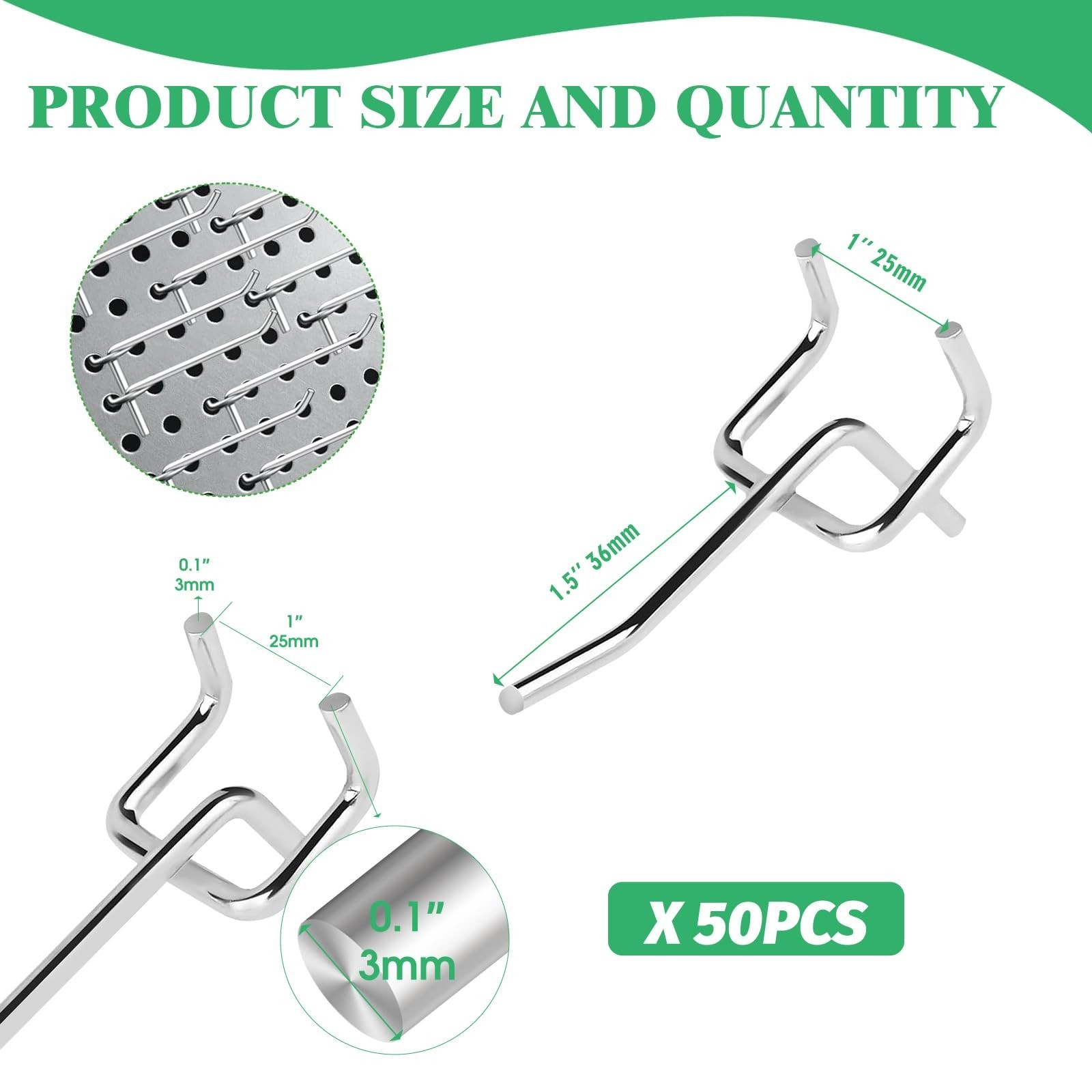 50Pcs 2"/5CM Pegboard Hooks Assortment Set, Metal Peg Board Hooks with 2.5mm ...