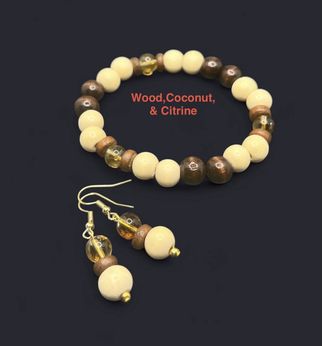 Citrine, Wood, & Coconut Stretchy Bracelet & Earrings Set