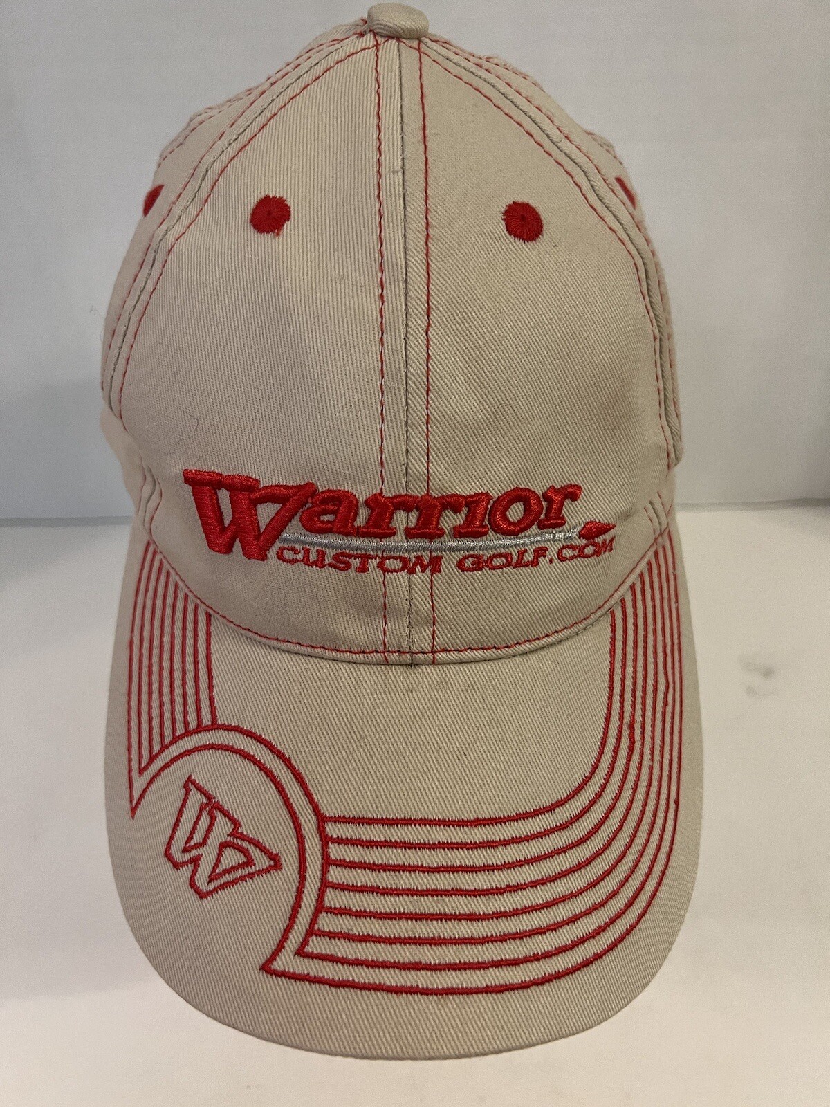 Warrior Custom Golf Hat Strap Back Beige Red Contrast Stitch Spellout