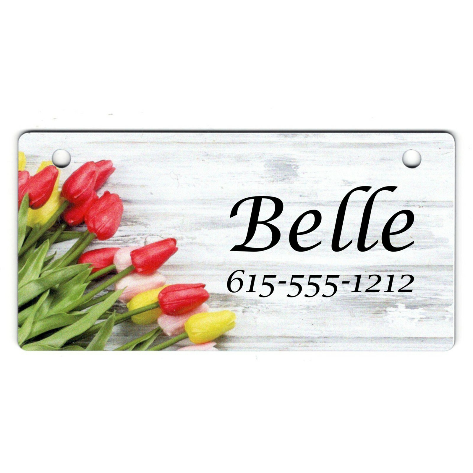Spring Tulips On White Wood  Personalized 5" x 2.5" Dog Crate Tag