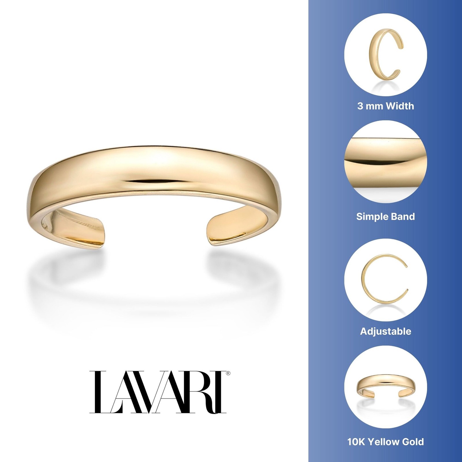 10K Yellow Gold Adjustable Open Toe Ring Elegant Jewelry for Women One Size 3mm