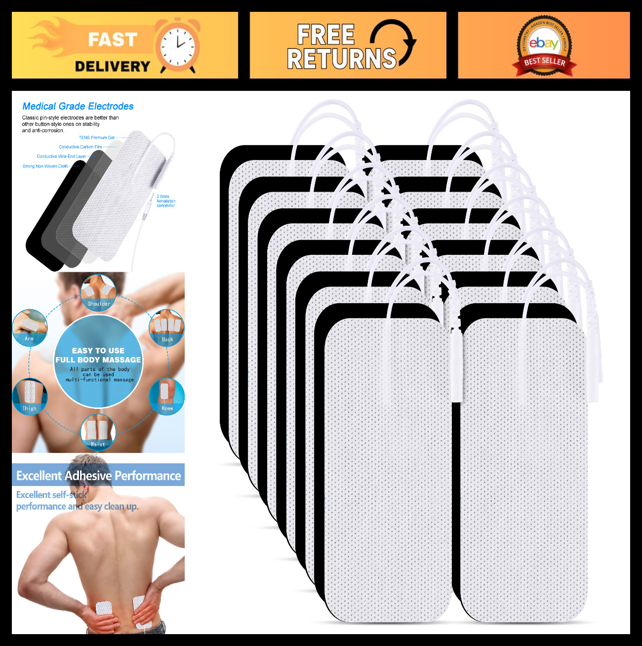 Reusable TENS Unit Pads 2"x4" - 24 Pack, Latex-Free Electrode Pads for Muscle Re