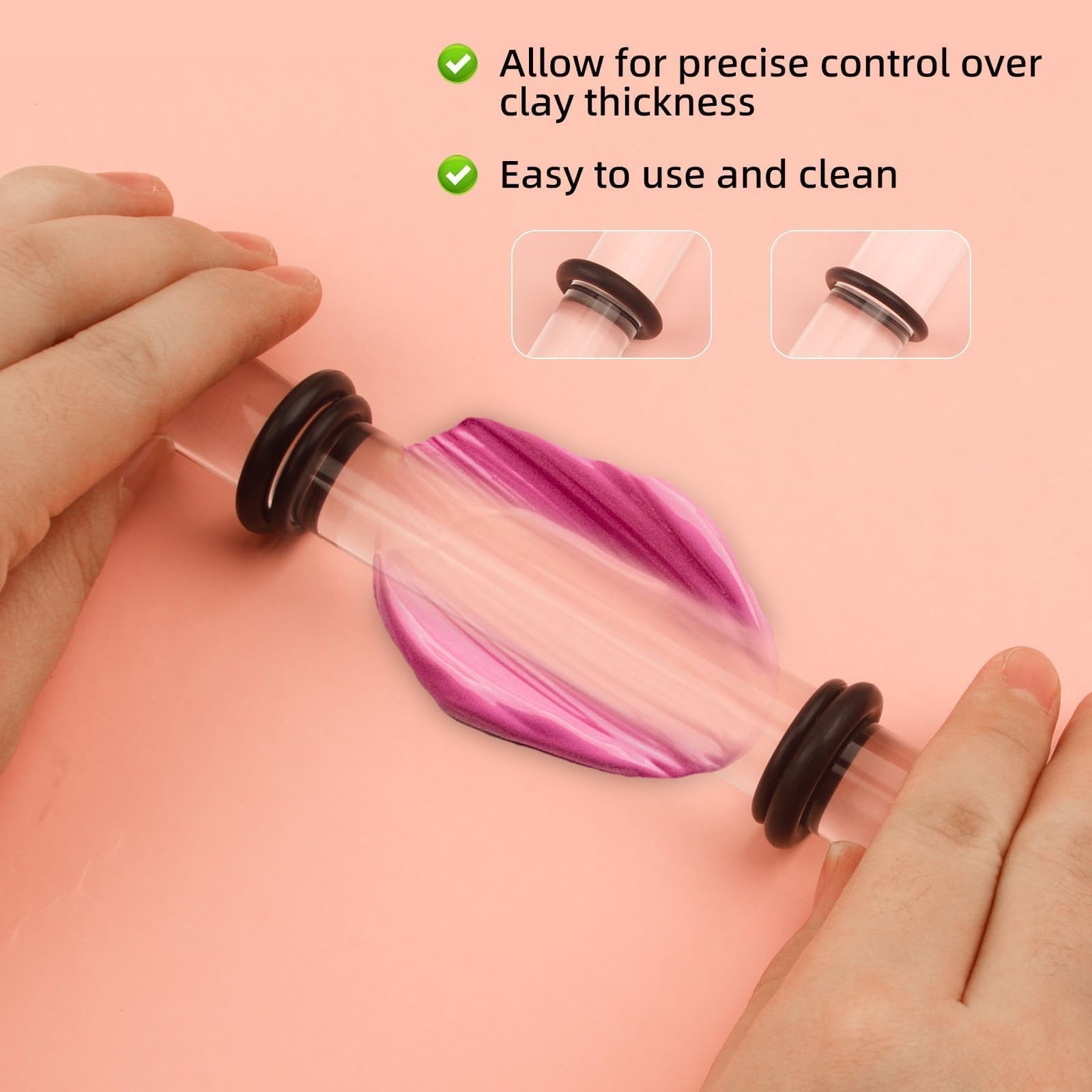 2PCS Polymer Clay Roller Set with 8 Thickness Rings, Adjustable Acrylic Clay ...
