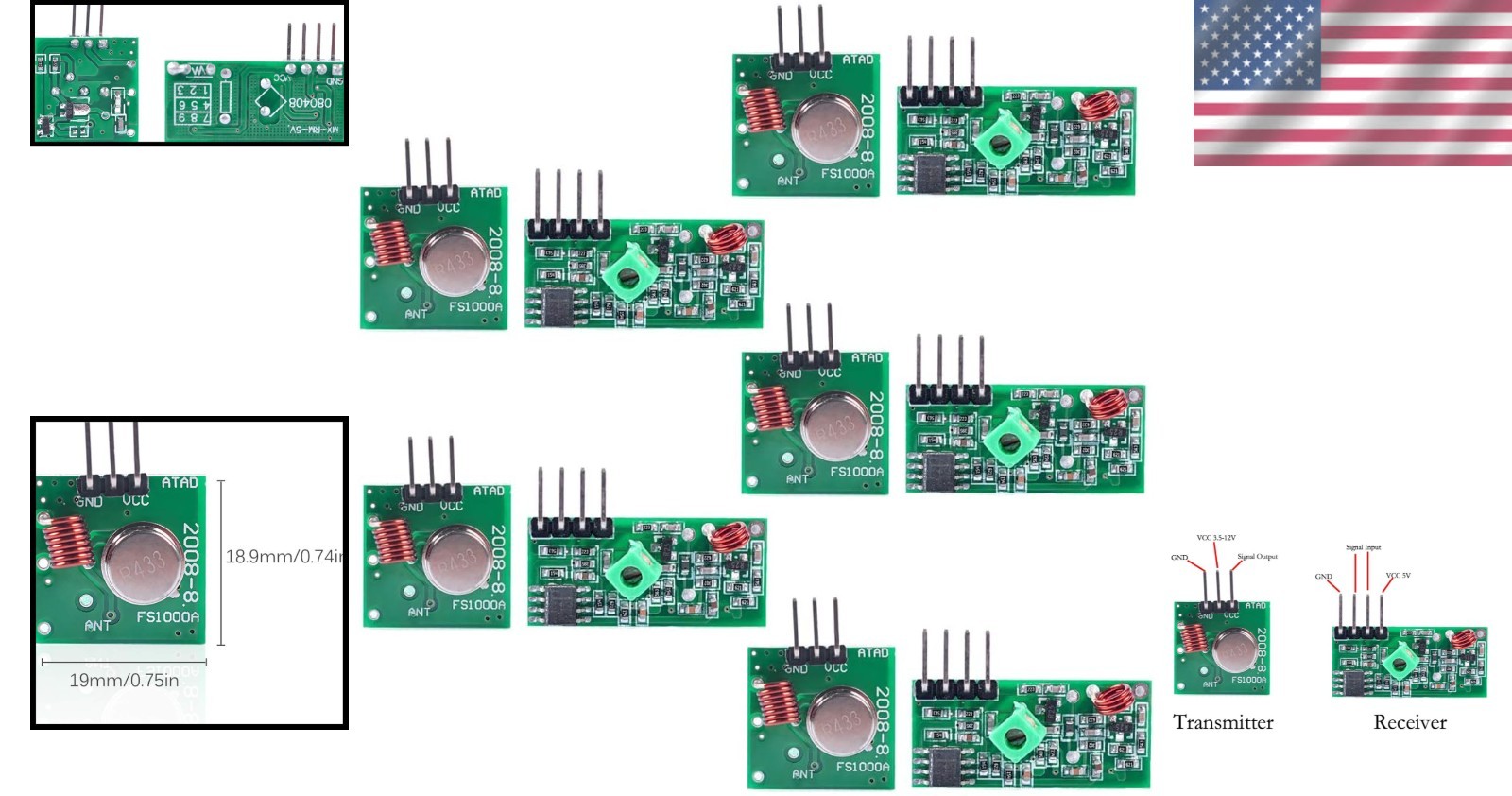 5 Sets of 433MHz Transmitter & Receiver Kit for Wireless Project Automation
