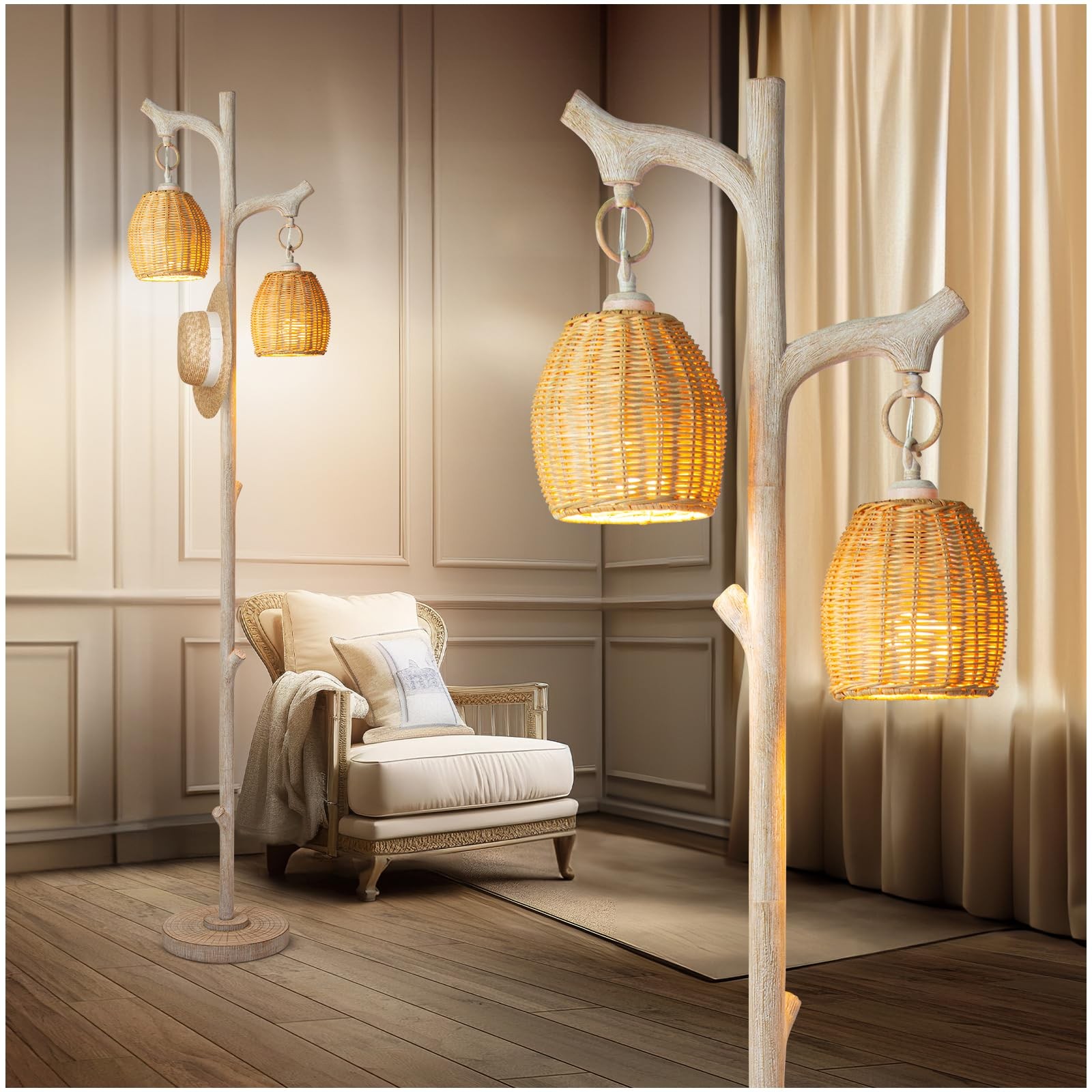 68" High Farmhouse Rustic Country Cottage Floor Lamp Tree Trunk Faux Wood Col...