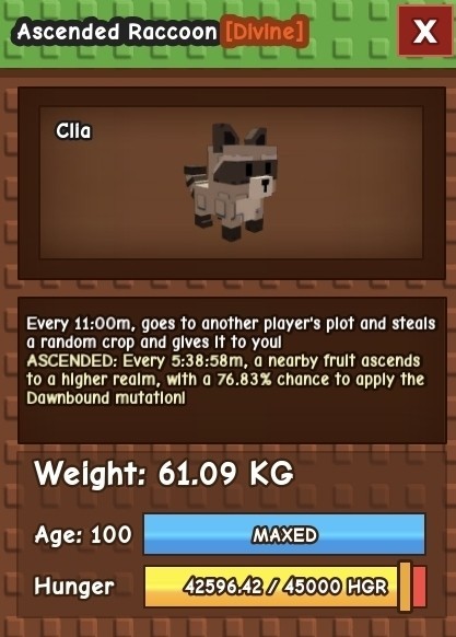 **SALE** 61.09kg ASCENDED *RAREST MUTATION* HUGE RACCOON Grow 🪴 A Garden 🏡