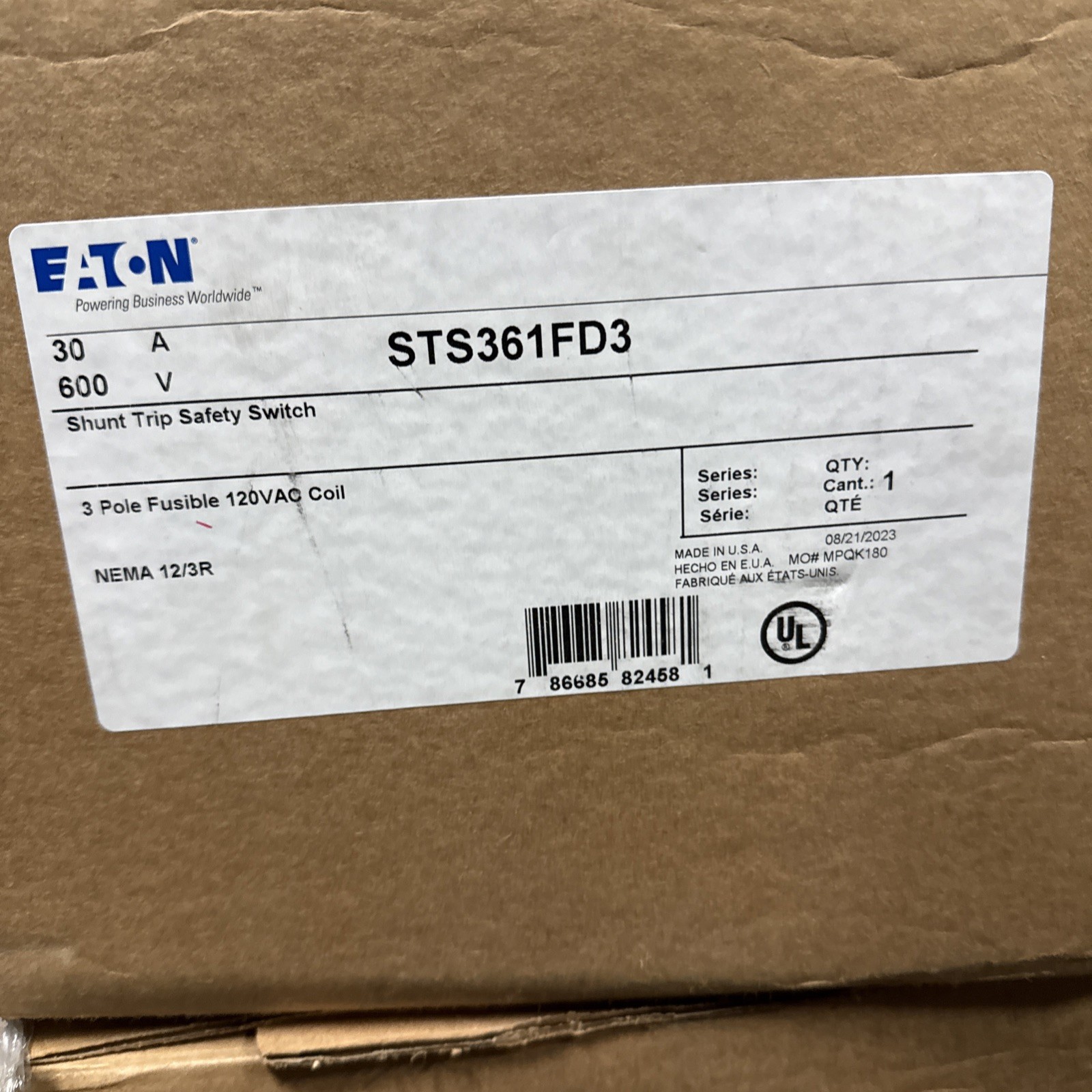 Eaton STS361FD3 30 Amp 60 Volt Shunt Trip Safety Switch 3 Pole Fusible Coil