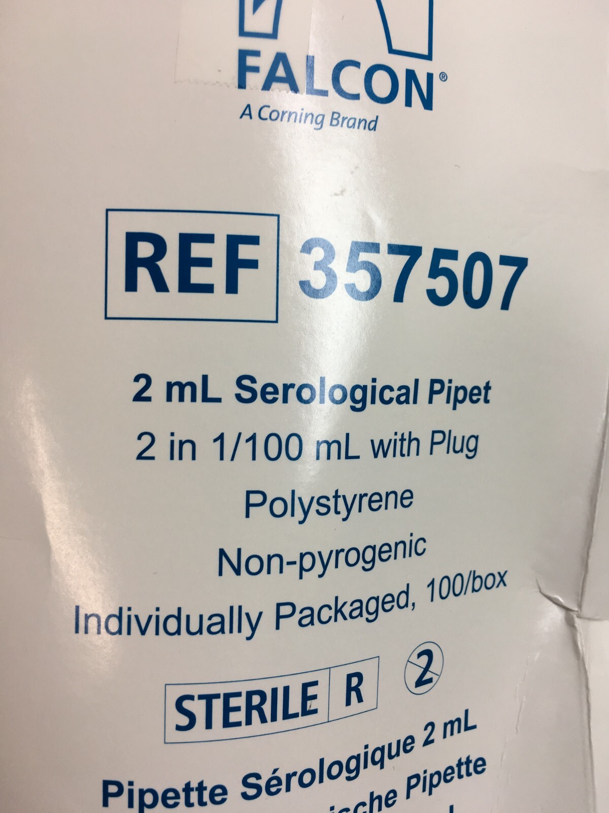 Corning Falcon REF 357507 Serological Pipette 2mL 2in with Plug