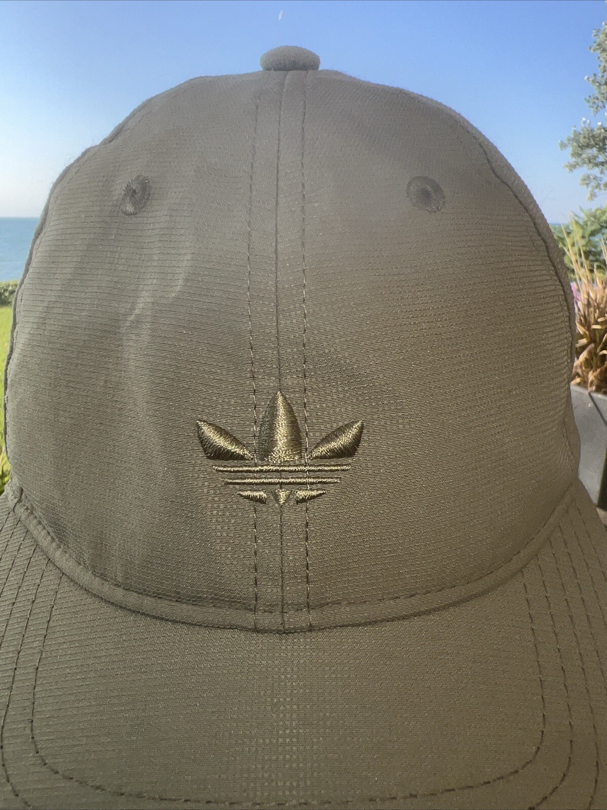Adidas Logo on Front of Light Olive Lite Wt Hat Cap Polyester Hook Loop EUC
