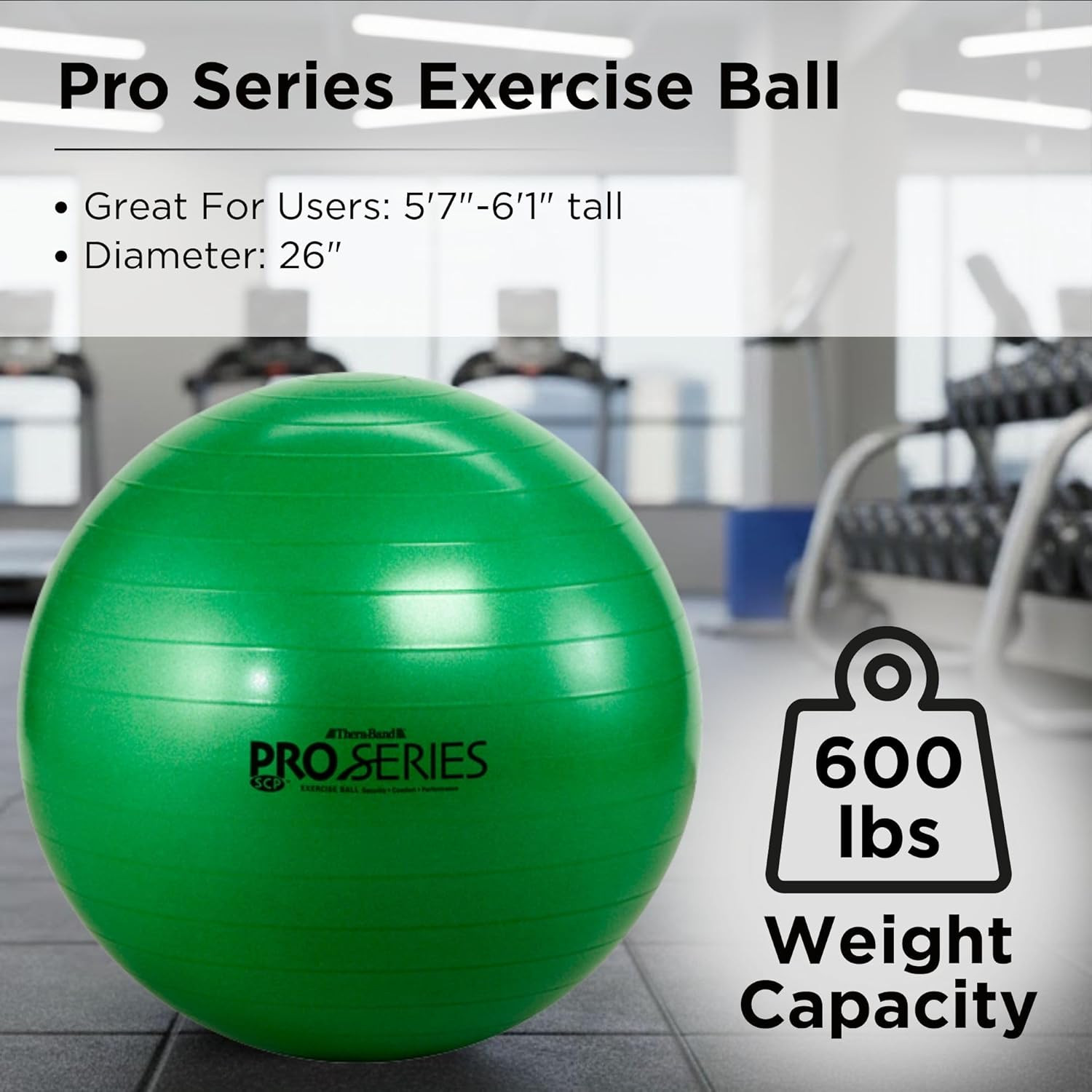 Pro Series Exercise Ball, 26" Green Stability Trainer for 5'7"–6'1" Users, Anti-