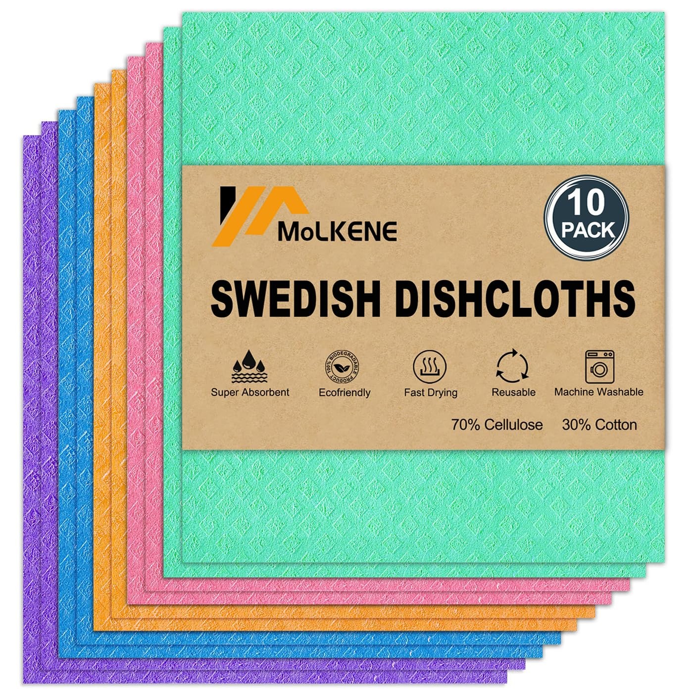 Swedish Dish Cloths - 10 Pack Reusable Kitchen Dishcloths - Ultra Absorbent D...