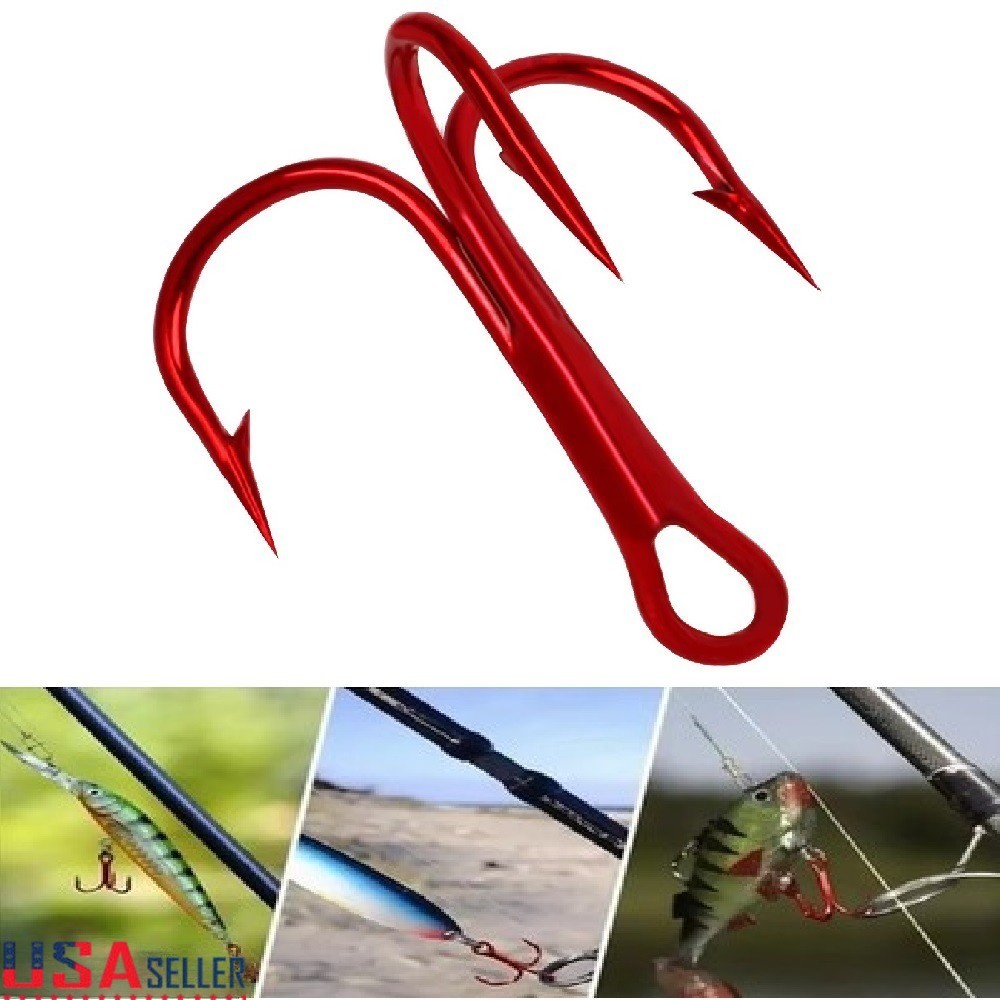 100PCS Red Treble Hooks High Carbon Steel Sharp &Round Bend Size #2-#12 #1.0