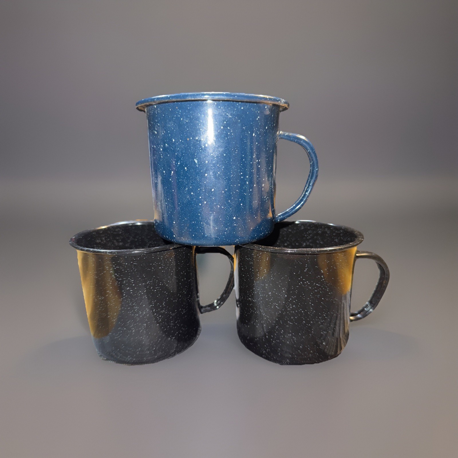 Blue/blackSpeckled Enamel Camping Coffee Mugs Set of 3 Large Wide Mouth Metal